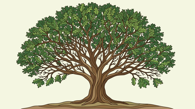 Illustrazione vettoriale di una grande quercia secolare con chioma folta e rami dettagliati, isolata su sfondo neutro per design ecologici o concetti di natura e crescita.