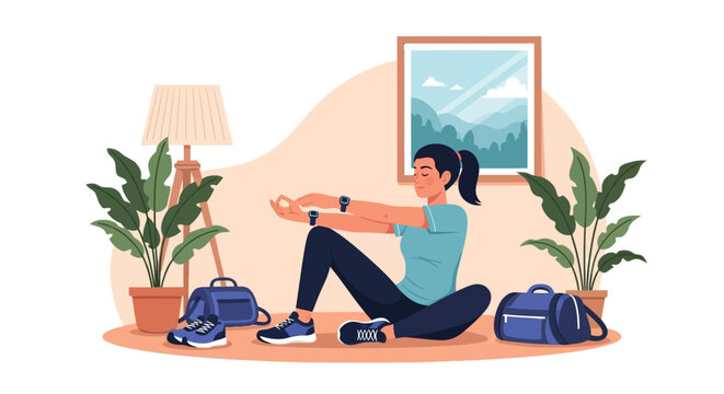 Woman exercising at home with fitness equipment and plants.