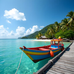 Obraz premium Colorful fishing boat docked beside wooden pier on tropical island