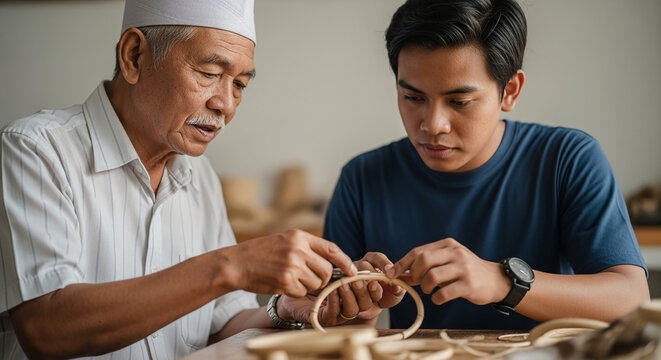 Elderly Asian Master Crafting Rattan Basket with Young Apprentice, Passing Down Generational Skills and Heritage Craftsmanship