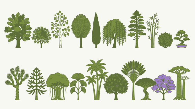 Set di icone vettoriali piatte raffiguranti diverse specie di alberi e piante verdi, inclusi pini, palme, salici e baobab su uno sfondo chiaro, ideali per design naturalistici.