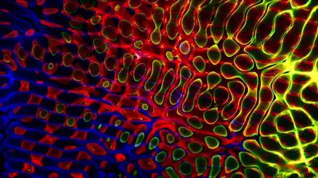 Geometric and organic patterns, generated by vibrating sound frequencies, harmonize to create a blend of red, blue, green, and yellow hues that glow brightly against a dark surface.