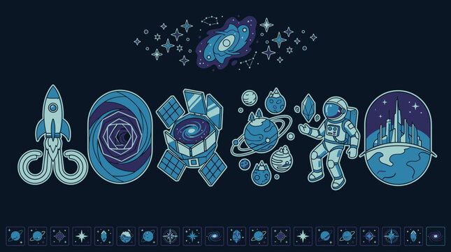 Set di icone vettoriali a tema spaziale con razzi, astronauti, satelliti, pianeti e galassie in uno stile grafico blu monocromatico su sfondo scuro per design creativo.