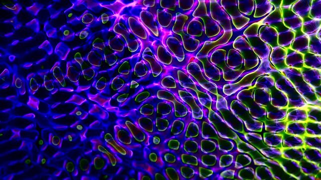 Its organic wave patterns resemble cellular grids, a bioluminescent network, or underwater light caustics shifting with subtle dynamism, creating a hypnotic, psychedelic, and energetic visual effect.