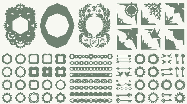 Set di elementi grafici decorativi in stile vintage, inclusi cornici, bordi, angoli ornamentali e separatori di testo in colore verde salvia su sfondo neutro per design eleganti.