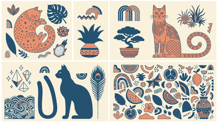 猫、植物、抽象的な幾何学模様、果物、盆栽、孔雀の羽を組み合わせた、温かみのあるオレンジとネイビーの配色によるモダンでスタイリッシュな手描き風イラストのセット。