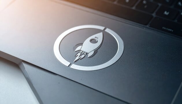 Rocket ship logo on laptop keyboard.