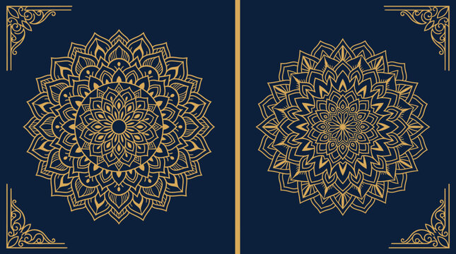 Design di sfondo elegante con due mandala dorati simmetrici e decorazioni angolari ornamentali su una superficie blu scuro, perfetto per inviti di lusso o copertine di libri.