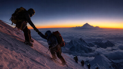 Obraz premium Summit Solidarity: Two climbers extend a helping hand to each other on a treacherous, snow-covered mountain slope as dawn breaks over a sea of clouds and distant peaks.