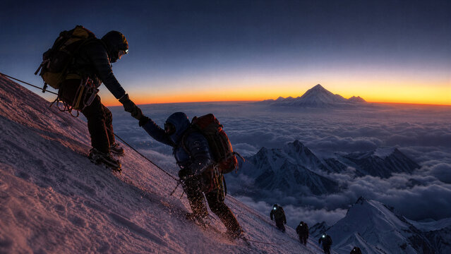 Summit Solidarity: Two climbers extend a helping hand to each other on a treacherous, snow-covered mountain slope as dawn breaks over a sea of clouds and distant peaks.