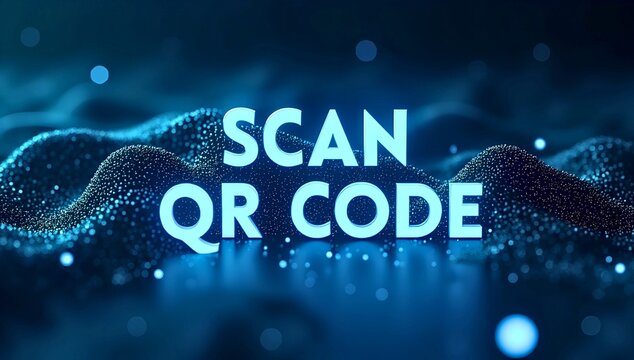 Artwork showing bright neon SCAN QR CODE typography centered on dark blue abstract wave surface with luminous particles futuristic digital theme