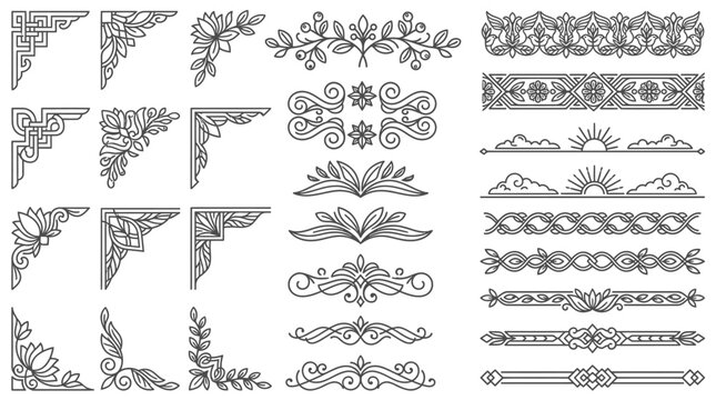 Set di elementi decorativi vintage con angoli ornamentali, bordi e divisori floreali in stile calligrafico nero su sfondo bianco per design eleganti e inviti.