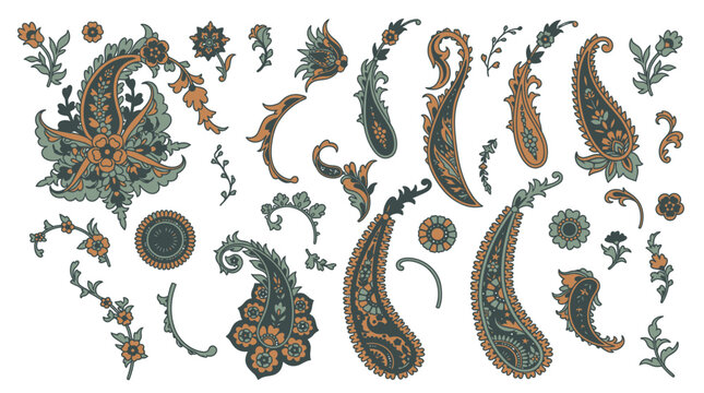 Set di elementi decorativi in stile paisley con motivi floreali e astratti su sfondo bianco.