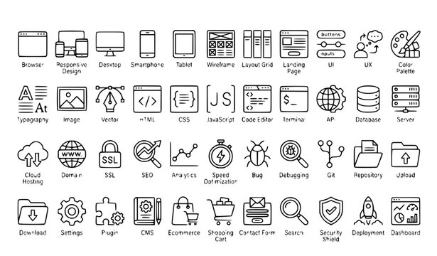 Set of 44 Web Design and Development Outline Icons Editable Stroke Modern Linear UI UX Coding Technology Vector Illustration