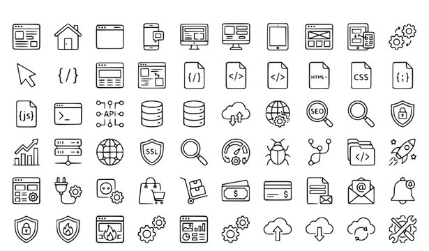 Modern Web Design Development Line Icons Set Editable Stroke UI UX Programming Technology Collection Vector Illustration on White
