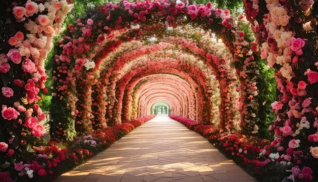 Romantic floral tunnel with roses and soft lighting, creating a magical pathway.