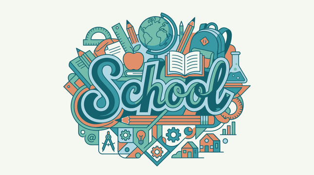 Illustrazione colorata di elementi scolastici e accademici disposti in modo creativo attorno alla parola "School".