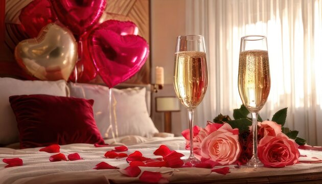 Romantic Valentines Day Celebration with Champagne and Roses in a Cozy Bedroom.