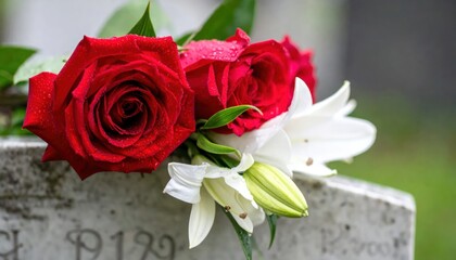 Naklejka premium Roses and lilies on grave stone.