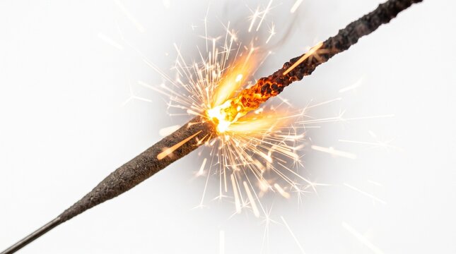 Sparkling burning sparkler on white background, glowing firework stick with bright golden sparks, festive holiday celebration element