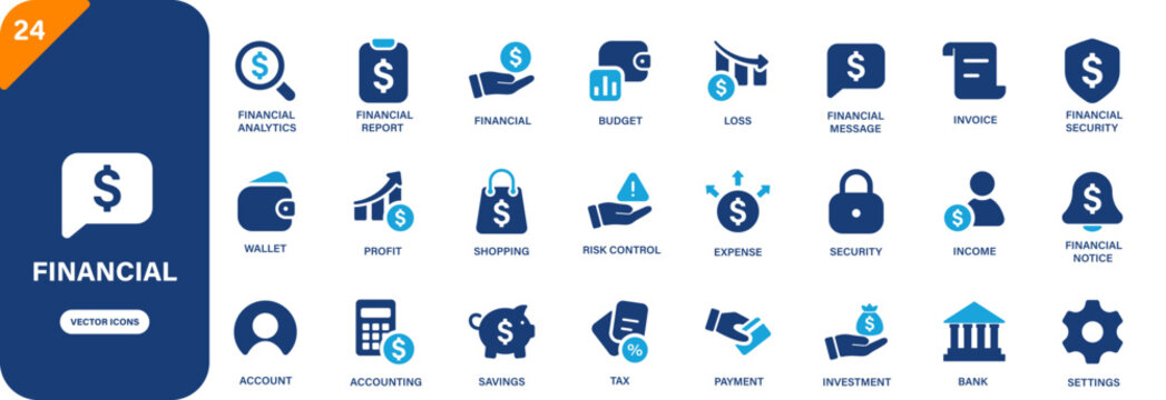 Financial icon. Containing budget, accounting, income, financial message, payment. Solid vector icon set.