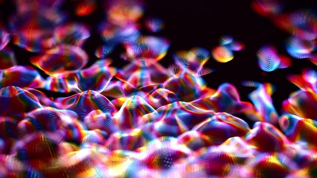 A rich rainbow-spectrum light refraction and chromatic aberration effect, blending red, yellow, blue, purple, and pink hues against a deep black background.