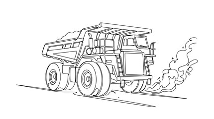 Heavy Duty Mining Dump Truck Emitting Exhaust Fumes, Line Art Illustration © Tani