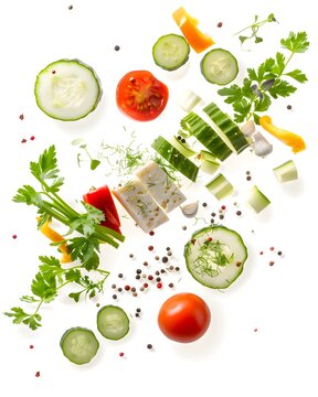 salad ingredients levitating healthy meal concept isolated on white background