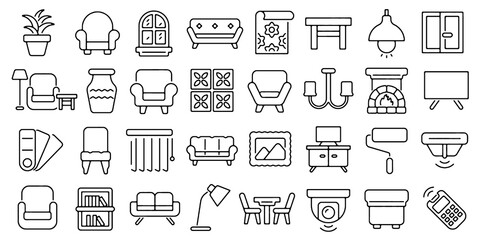 Living Room Furniture Icon Set with Home Interior Line Symbols Vector Illustration Isolated on Transparent Background. © ulinda