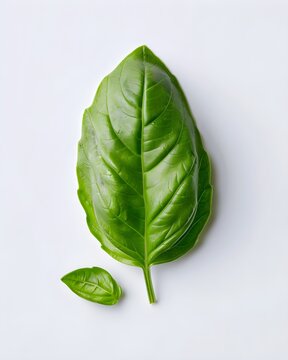 single basil leaf minimal composition isolated on white background