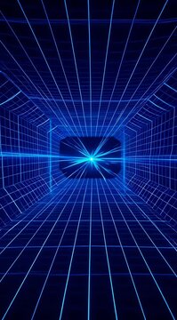 Abstract blue digital data tunnel with glowing neon grid lines, futuristic cyberspace journey, high speed connection, streaming technology, virtual reality corridor