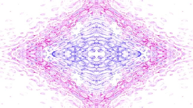An abstract video background featuring a symmetrical pattern of pink and bluish-purple liquid or water-like effects set against a clean white backdrop. 