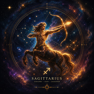 Sagittarius Zodiac Sign with Golden Centaur Archer in Cosmic Sky
