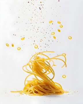 spaghetti falling dynamic pasta shot isolated on white background