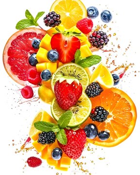 summer fruit mix splash isolated on white background