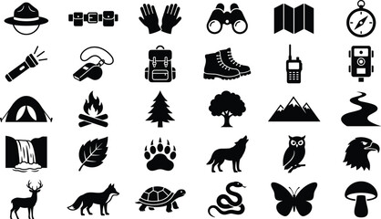 Fototapeta premium Wilderness and camping icon collection for adventure and nature activities