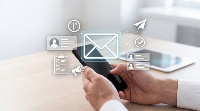 Business professional using smartphone for digital communication, sending email and messages with holographic icons representing technology, marketing, social media, business ne...