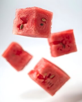 watermelon cubes levitating summer fruit isolated on white background