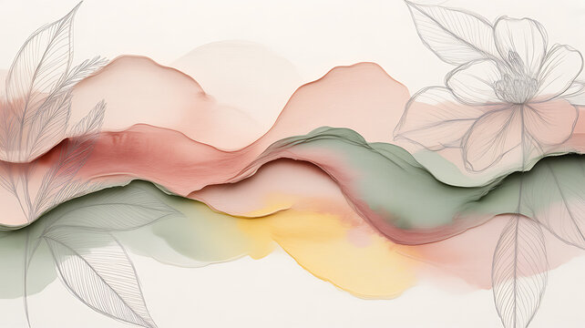 Floral ornament with watercolor waves and sketched leaves on a light background sketch abstract design pattern art texture flowing