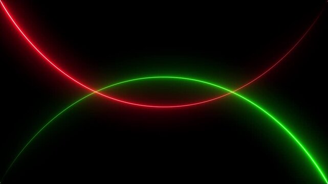 Abstract red and green glowing neon light curves intersecting on a dark black background creating a modern digital art pattern with vibrant circles and curved lines for technology and design projects