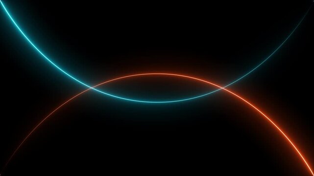 Abstract glowing blue and orange neon light circles intersecting on a dark black background creating a modern digital wave pattern for technology design or science presentation backdrop concept