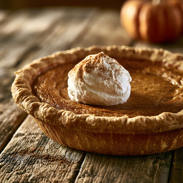 A rustic wooden surface featuring pumpkin pie