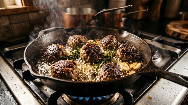 Sizzling ground beef meatballs browning in a hot cast iron skillet with fresh green rosemary sprigs