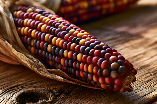 Indian corn in multicolored hues on a rustic wooden backdrop