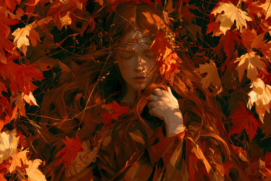 Dramatic depiction of a sensuous girl conveying autumnal themes.