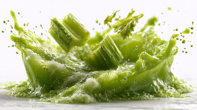 Celery sticks splashing into water creating a refreshing liquid splash effect with vegetable