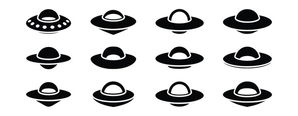 UFO icon set, flying saucer symbol, alien spacecraft vector ©  