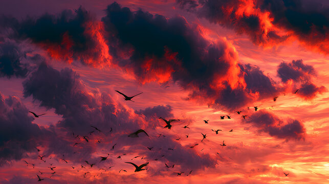 Colorful, fiery clouds in the sky, with birds appearing to be in the act of pecking or plucking