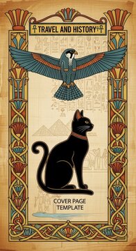 Egyptian themed cover page template with black cat and hieroglyphics.