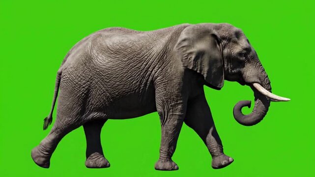 Cinematic Elephant Walking Isolated on Green Screen